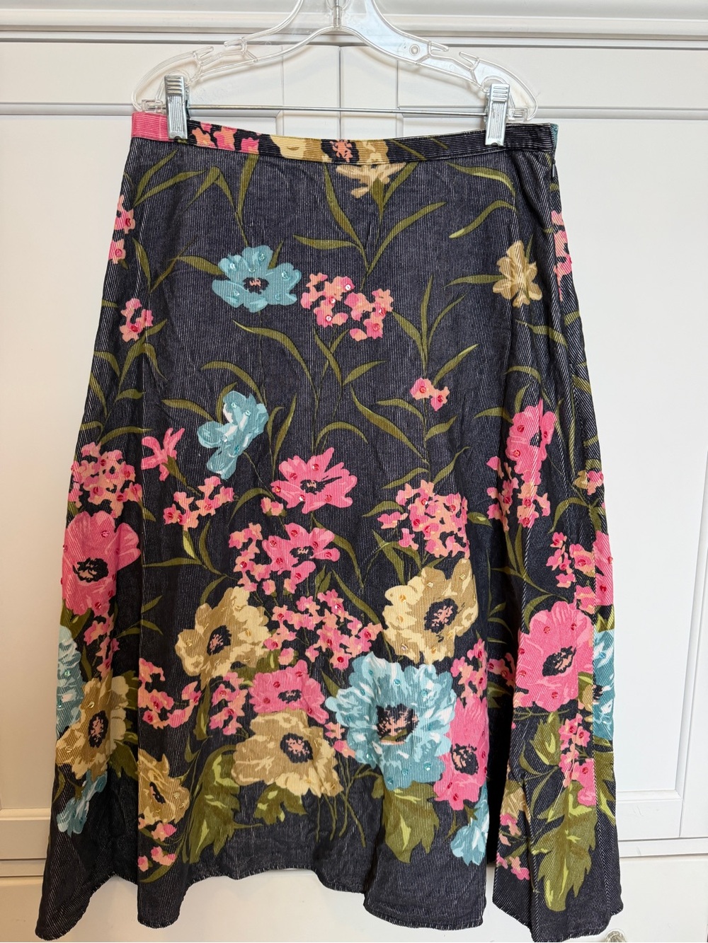 Anne Klein Corduroy A-Line Skirt with Pink, Blue & Cream Floral Print